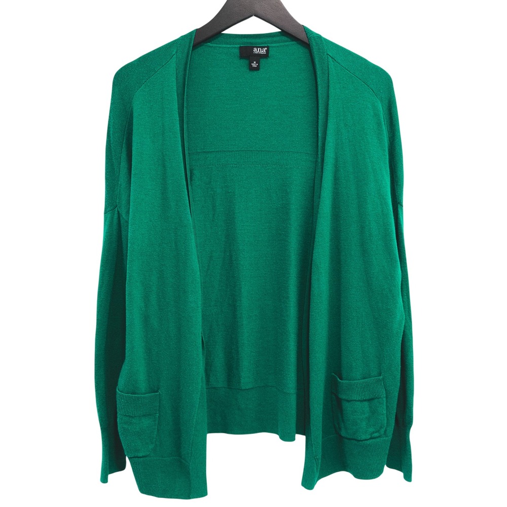 a.n.a Cardigan Sweater Womens‎ M Green Open Front Pockets Side Slits Preppy